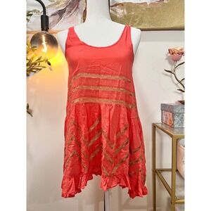 Intimately Free People Polka Dot Lace Inset Ruffle Tank Top Coral Red XS